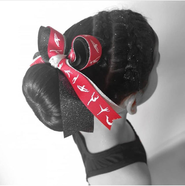 Gymnastics Red Black Silver Ponytail Bow
