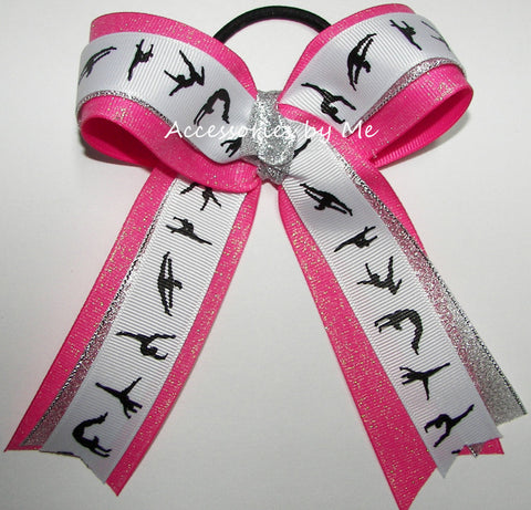 Gymnastics Glitter Hot Pink Silver Ponytail Bow