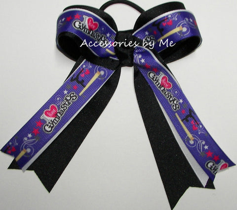 I Love Gymnastics Purple Black Ponytail Bow