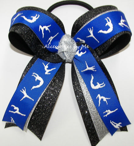 Gymnastics Royal Silver Black Glitter Ponytail Bow