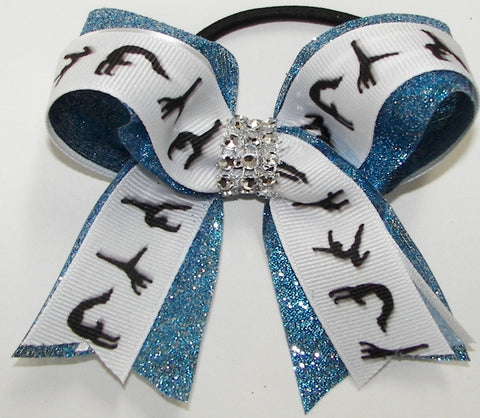 Gymnastics White Blue Glitter Ponytail Bow