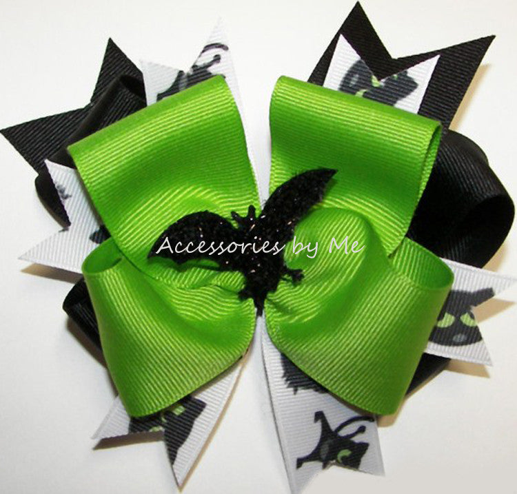 Halloween Black Bat Lime Green Hair Bow