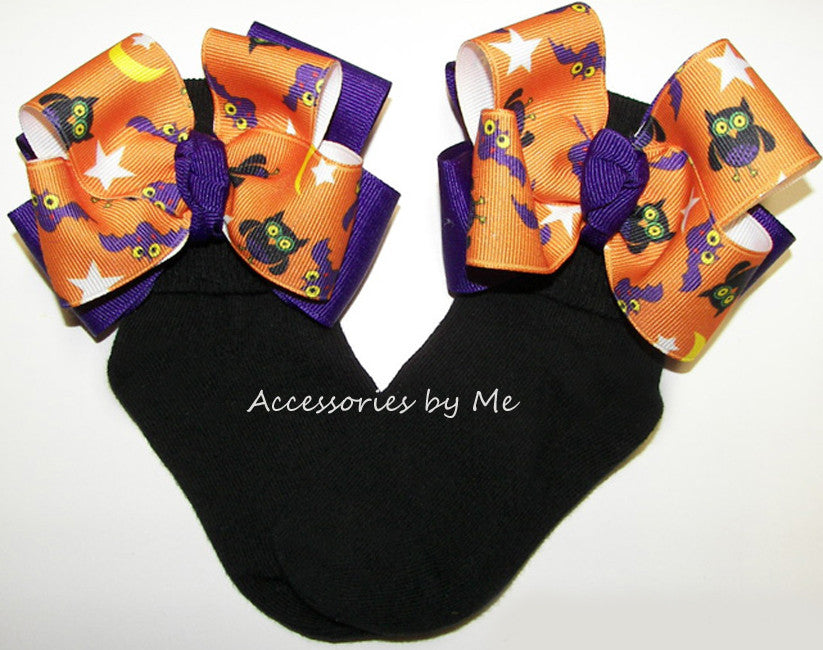 Halloween Owls Purple Orange Bows Black Socks