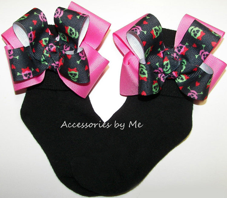 Halloween Skulls Black Hot Pink Bows Black Socks