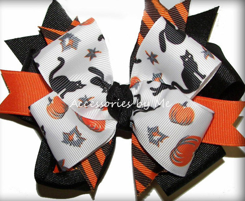 Halloween Black Cats Pumpkins Orange Hair Bow