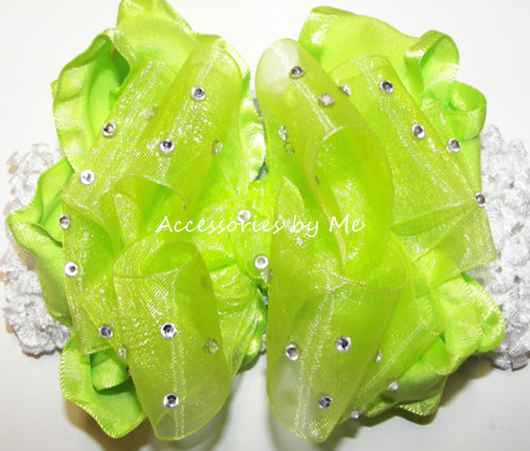 High Glitz Lime Green Organza Ruffle Bow Headband