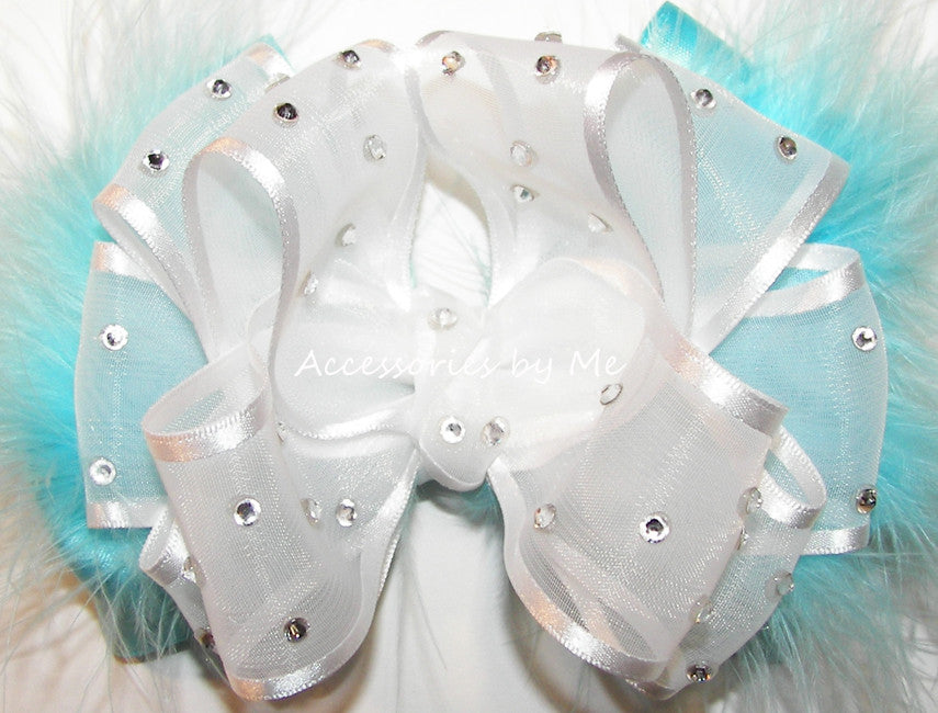 High Glitz White Turquoise Organza Marabou Hair Bow
