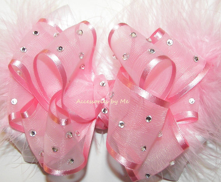 High Glitz Light Pink Organza Marabou White Satin Hair Bow