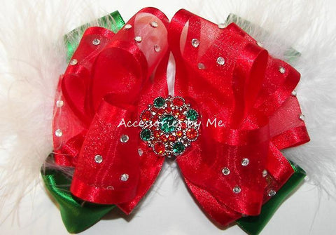 High Glitz Red Green Marabou Hair Bow