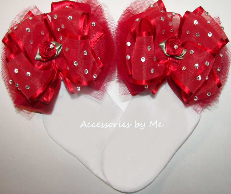 High Glitz Red Organza Satin Tutu Rose Bow Socks