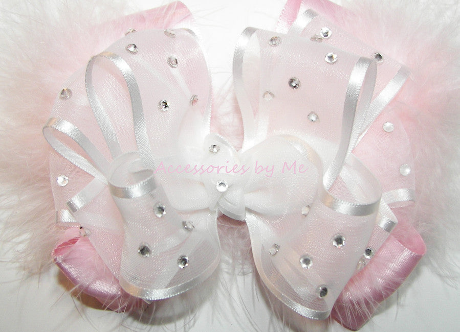 High Glitz White Light Pink Organza Marabou Hair Bow