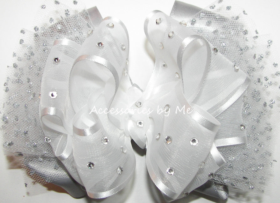 High Glitz White Silver Organza Satin Tulle Hair Bow