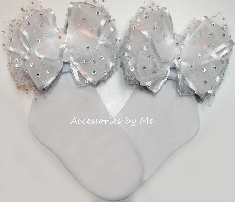 High Glitz White Silver Organza Satin Tulle Bow Socks