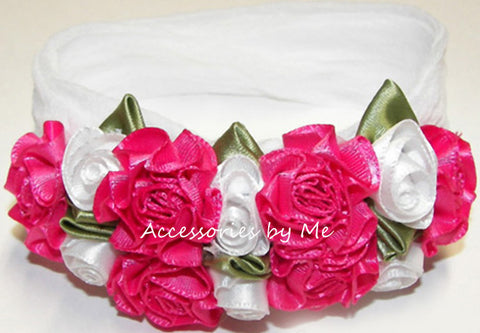 Hot Pink White Roses Floral Nylon Headband