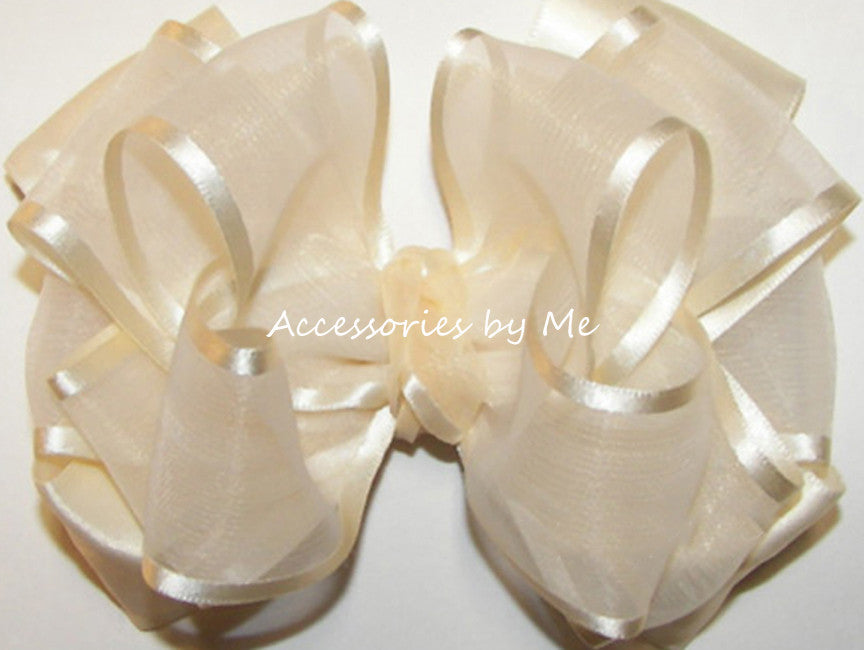 Ivory Organza Satin Trim Hair Bow