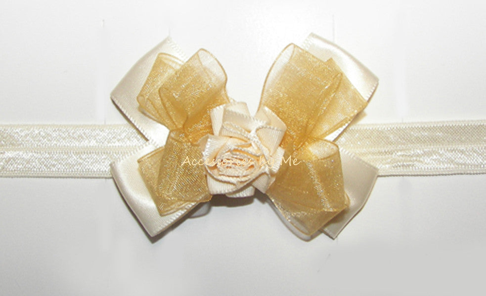 Ivory Gold Organza Satin Rose Headband