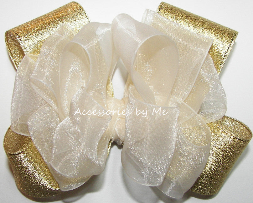 Ivory Organza Gold Lame Hair Bow