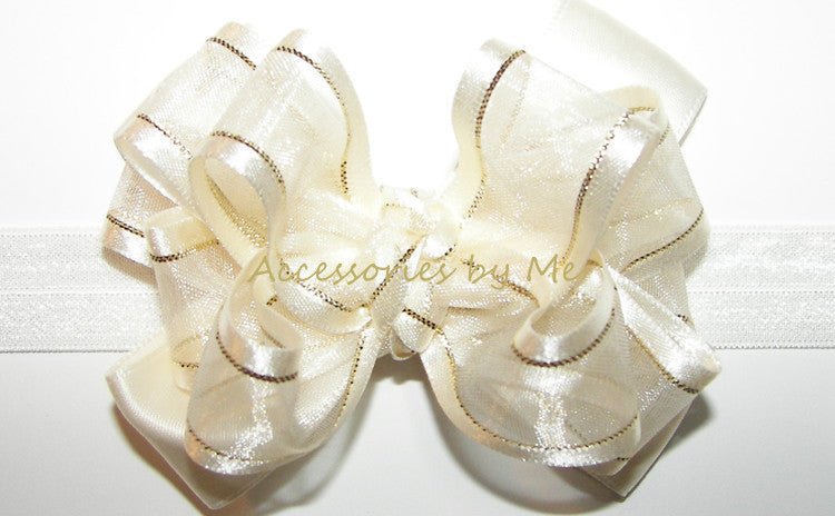 Ivory Gold Lame Trim Organza Satin Bow Headband