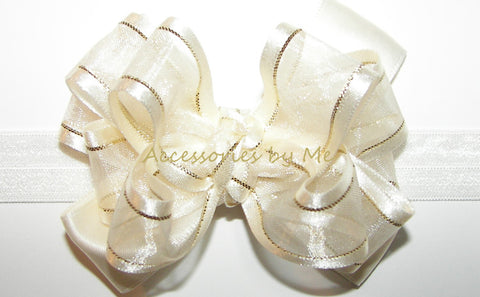 Ivory Gold Organza Lame Trim Bow Headband