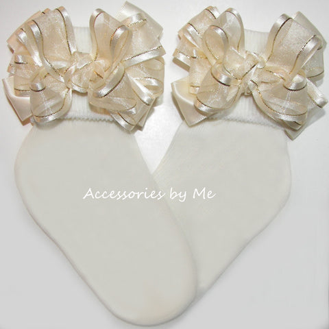 Ivory Gold Organza Satin Lame Bow Socks