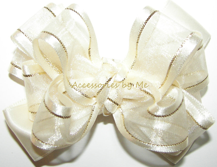 Ivory Gold Organza Satin Hair Bow