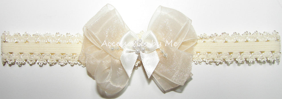 Baptism Ivory Organza Pearl Bow Lace Headband