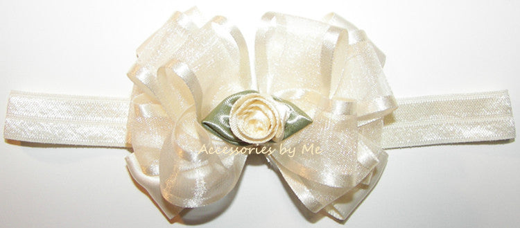 Baptism Ivory Floral Bow Headband - Accessories by Me