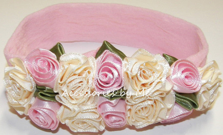 Frilly Ivory Pink Roses Floral Nylon Headband - Accessories by Me