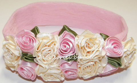 Pink Ivory Satin Roses Floral Nylon Headband