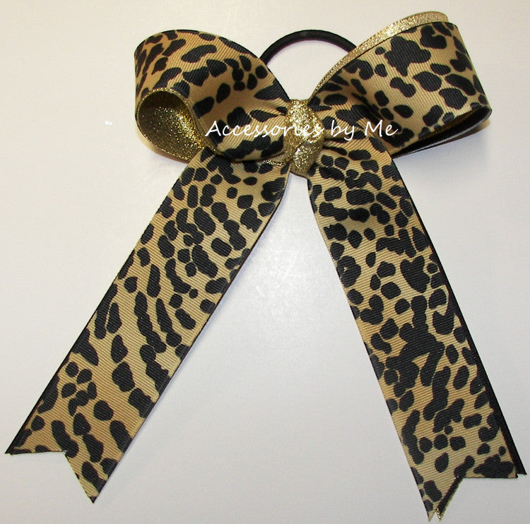 Leopard Cheetah Black Gold Ponytail Holder Cheer Bow