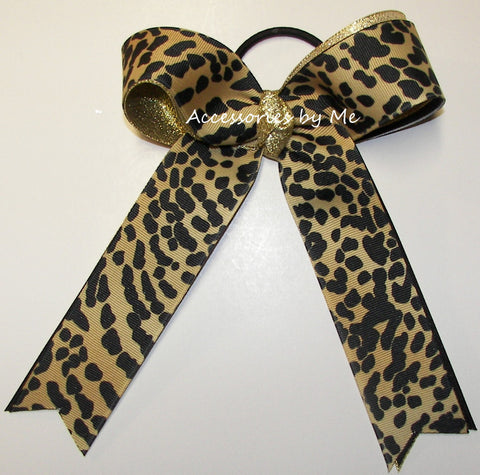 Leopard Black Gold Ponytail Cheer Bow