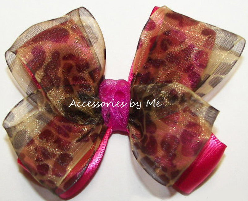 Leopard Organza Satin Shocking Pink Hair Bow - Accessories by Me