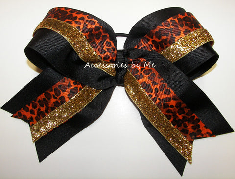 Leopard Orange Black Gold Big Cheer Bow