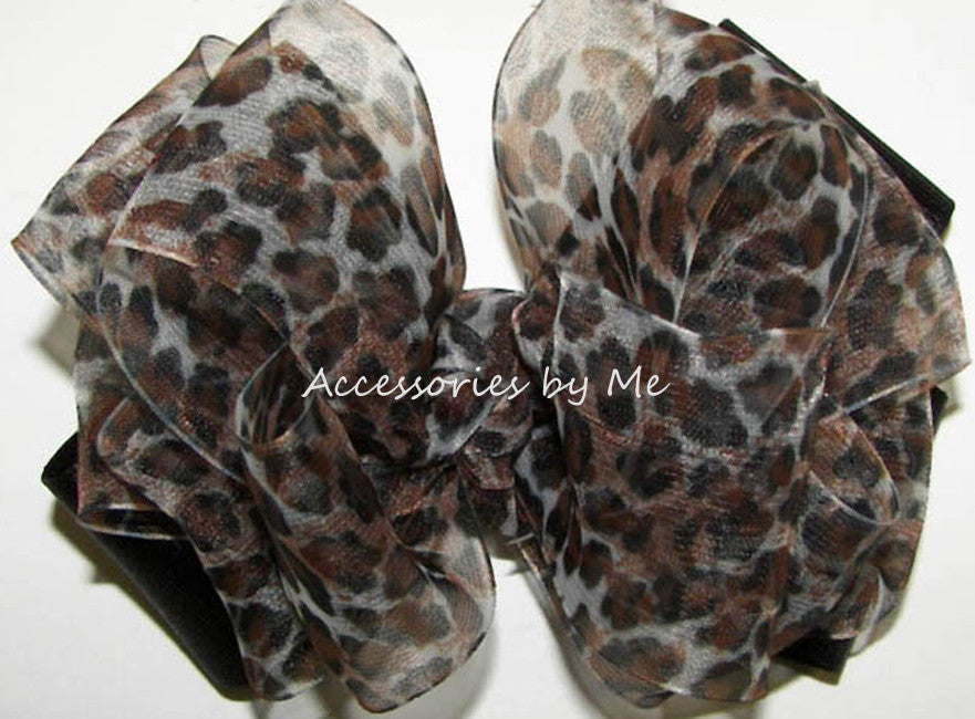 Leopard Organza Black Satin Hair Bow