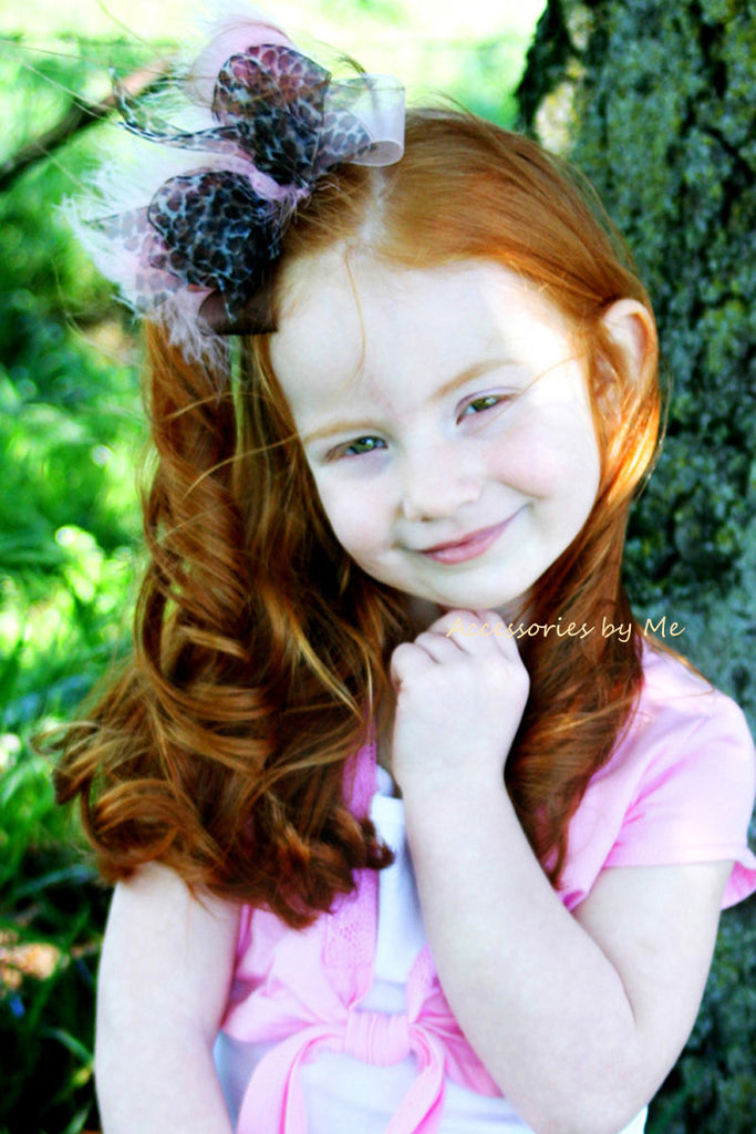 Frilly Leopard Marabou Feathers Hair Bow - Accessories by Me