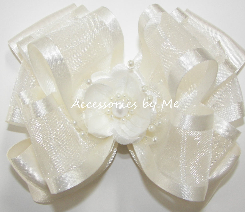 Light Ivory Organza Satin Pearl Flower Hair Bow