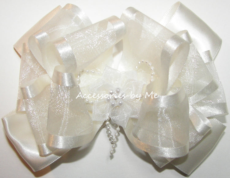 Light Ivory Organza Satin Pearls Hair Bow