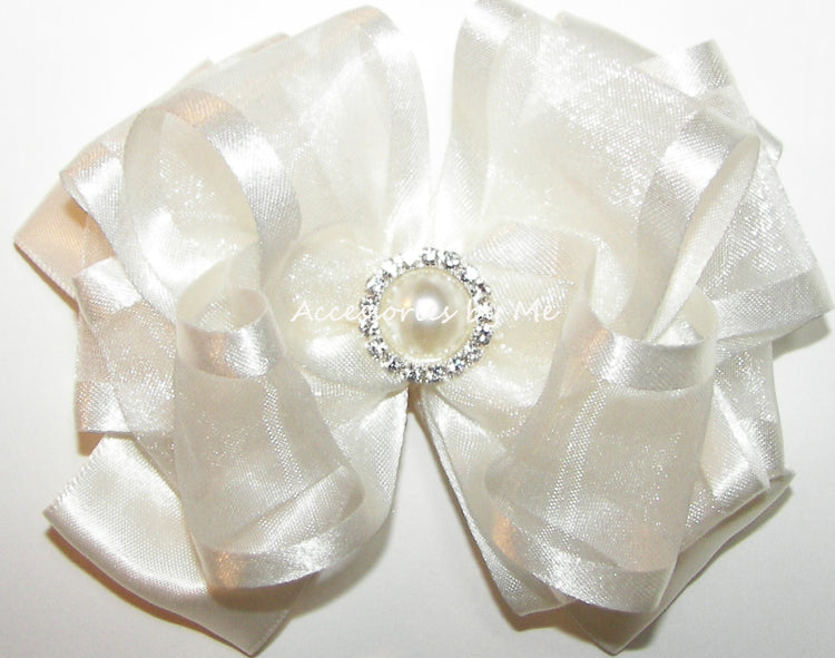Light Ivory Organza Satin Pearl Rhinestone Center Hair Bow