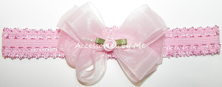 Light Pink Organza Pearls Rosette Bow Headband