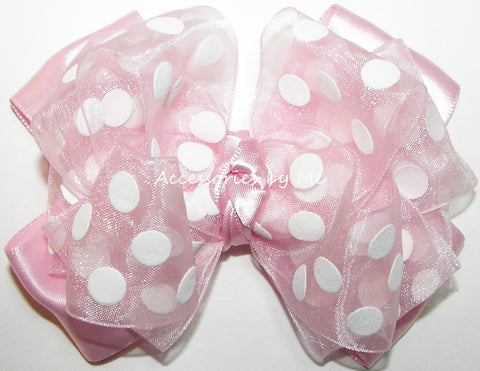 Pink Polka Dot Organza Satin Hair Bow