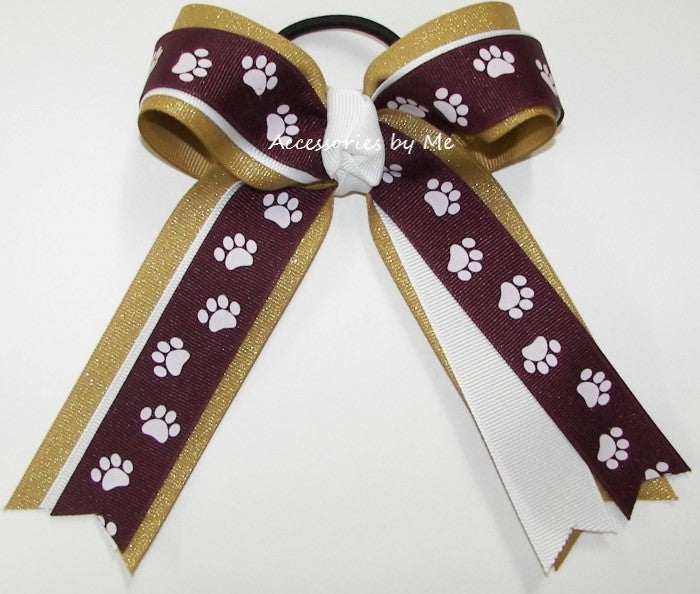 Maroon White Paw Print Champagne Glitter Ponytail Bow