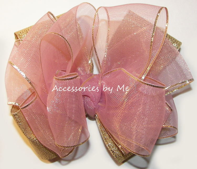 Mauve Organza Gold Metallic Hair Bow