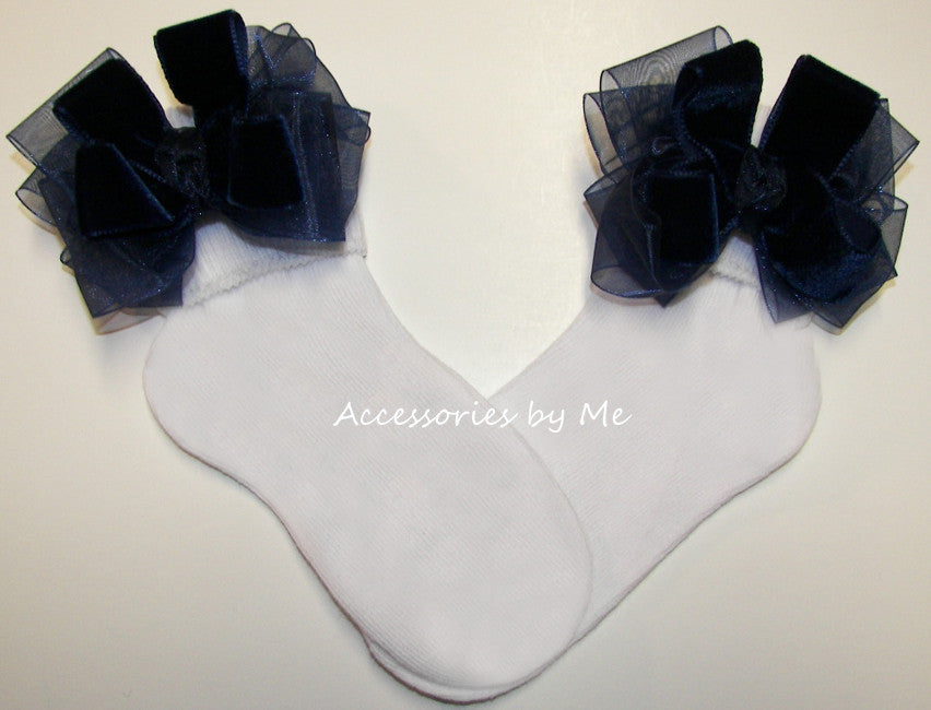 Navy Velvet Organza Bow Socks