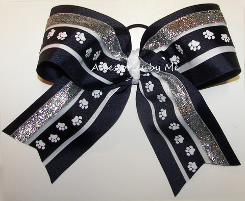 Paw Print Navy Blue White Cheer Bow