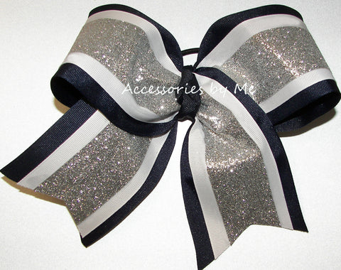Sparkly Navy Silver White Big Cheer Bow