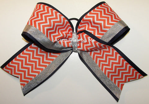 Glitter Chevron Orange Navy Silver Cheer Bow