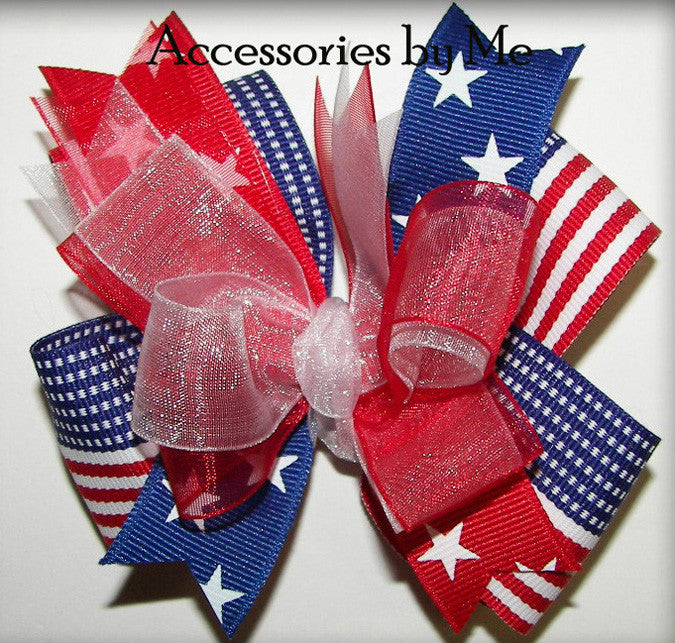 Patriotic Red White Blue Stars & Stripes Flag Hair Bow