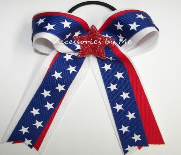Patriotic Red White Blue Stars Ponytail Bow