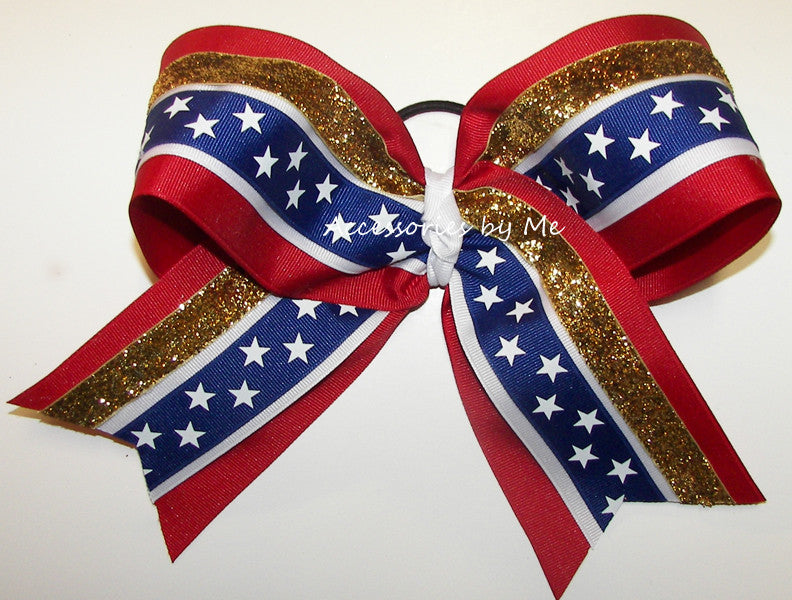 Patriotic Red White Blue Gold Glitter Big Cheer Bow