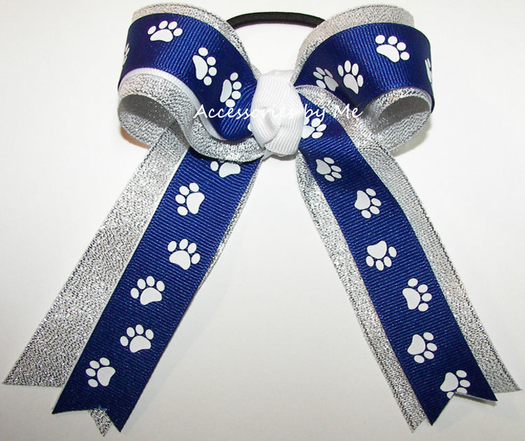 Royal Blue Paw Print White Silver Ponytail Bow